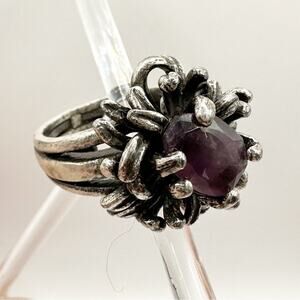 Lucky Brand Antique Look Distressed Silver Purple Boho Ring Adjustable Size 5-7